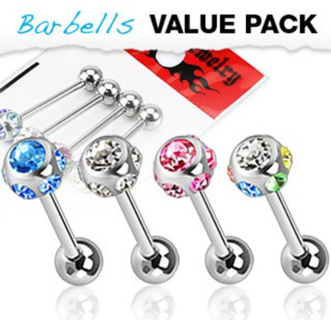 4 Pack of Barbells Tongue Bars with Multi CZ Gem Balls Surgical Steel